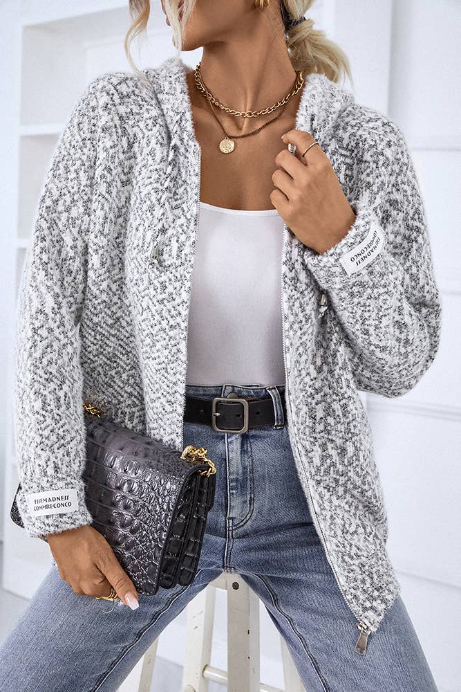 UNISHE - Vendita all'ingrosso Cardigan - Donna - Cardigan lavorato a maglia con cerniera e cappuccio con coulisse MMY12012