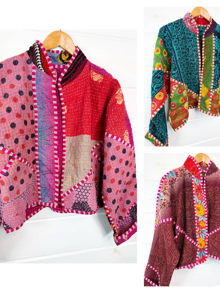 Kantha Quilted Jacket – Patchwork One-of-a-Kind Coat for wholesale by Folklore Couture