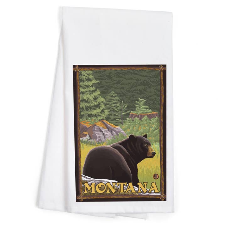 ORGANIC TEA TOWEL Montana, Black Bear in Forest for wholesale by Lantern Press
