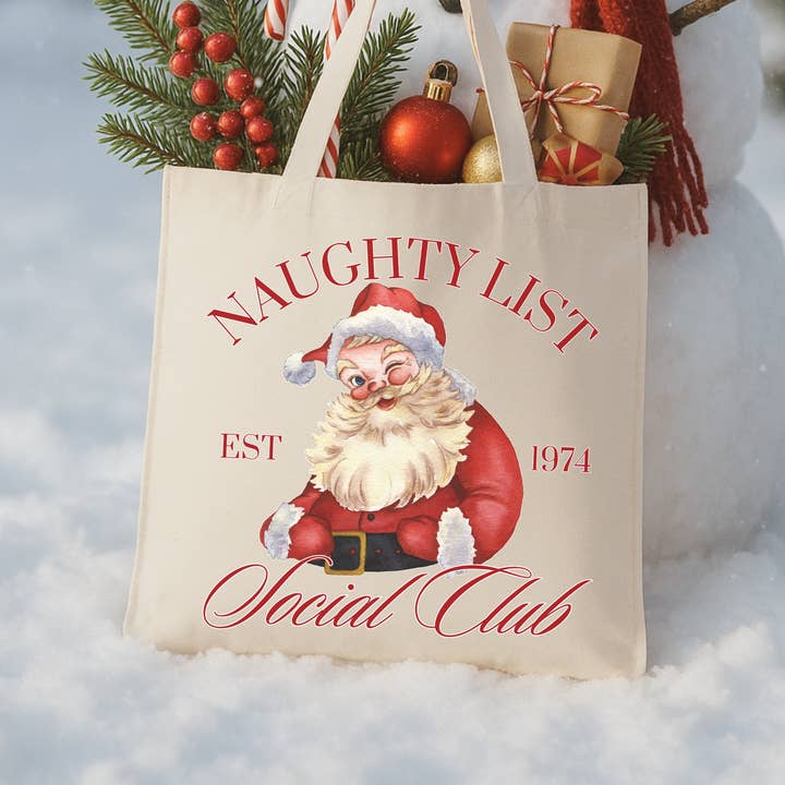 Funny Naughty List Christmas Tote | Holiday Gift Book Bag for wholesale by ATTA TOOD LLC