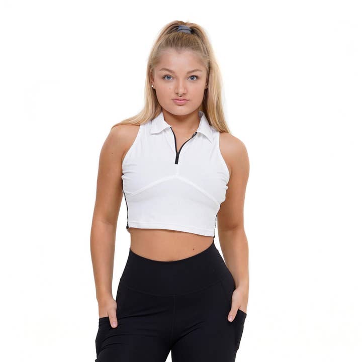 Top corto con cerniera con colletto Diva - Bianco per la vendita all'ingrosso da parte di FIT ARMY