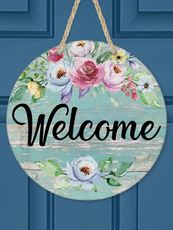 Home Decor Welcome Pink Blue Floral Wall Sign Door Hanger for wholesale by Cali Boutique Wholesale