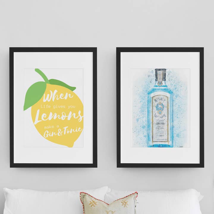 Life Gives you Lemons Make Gin set van 2 muurkunst prints voor wholesale door Woolly Mammoth Media