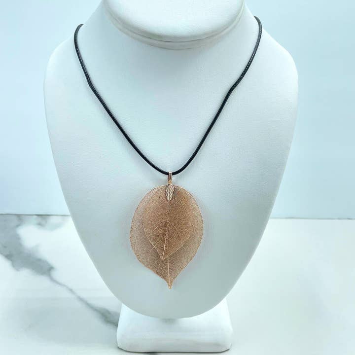 DIJU Jewelry – wholesale – 18k Rose Gold Filled or Silver Filled Double Layered Large Pendant Hand Made with Real Leaf & Black Cord Chain Necklace, Wholesale Jewelry