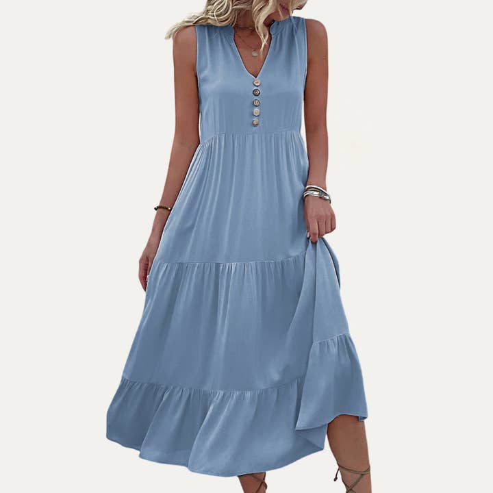 Summer Trend V-Neck Sleeveless Tiered Midi Dress for wholesale by The Moment Collection