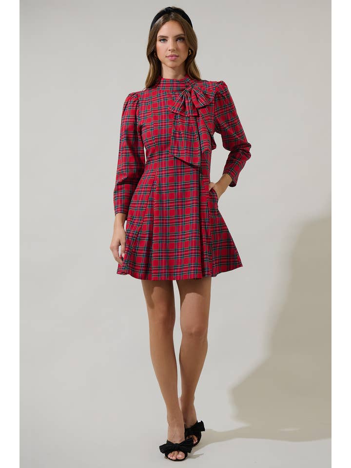 Red Multi Arvada Plaid Padma Bow Mini Dress for wholesale on Faire