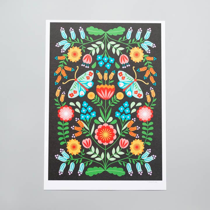 A4 art print - moths & flowers folk floral for wholesale by Maggie Magoo Designs
