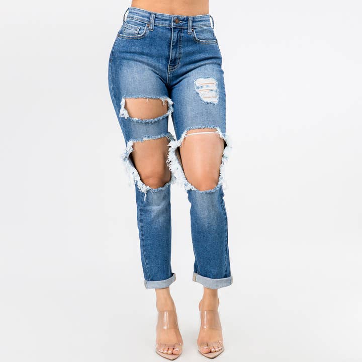 American Bazi - Vendita all'ingrosso Jeans - Donna - JEANS BOYFRIEND TAGLIATI A VITA ALTO-ABH70360