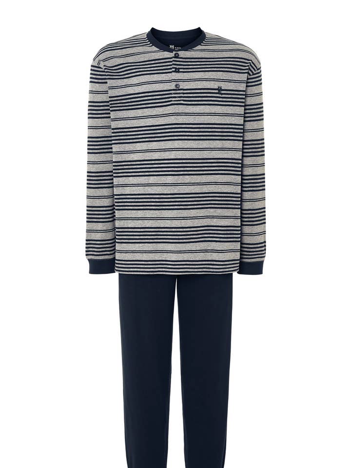 Men's Long Cotton Striped Pajamas - Gray 5594 for wholesale by El Búho Nocturno