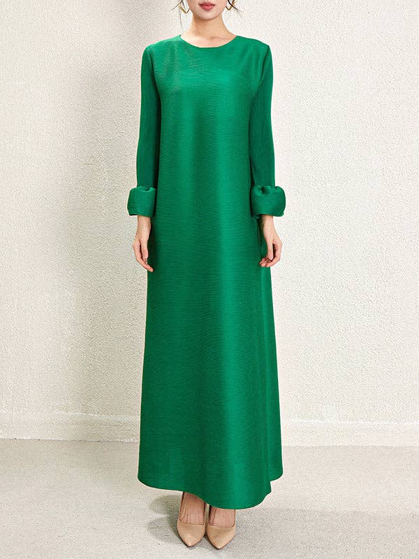 Sheer Trend - Wholesale Dress - Women's - A-Line Loose Pleated Solid Color Round-Neck Maxi Dresses2