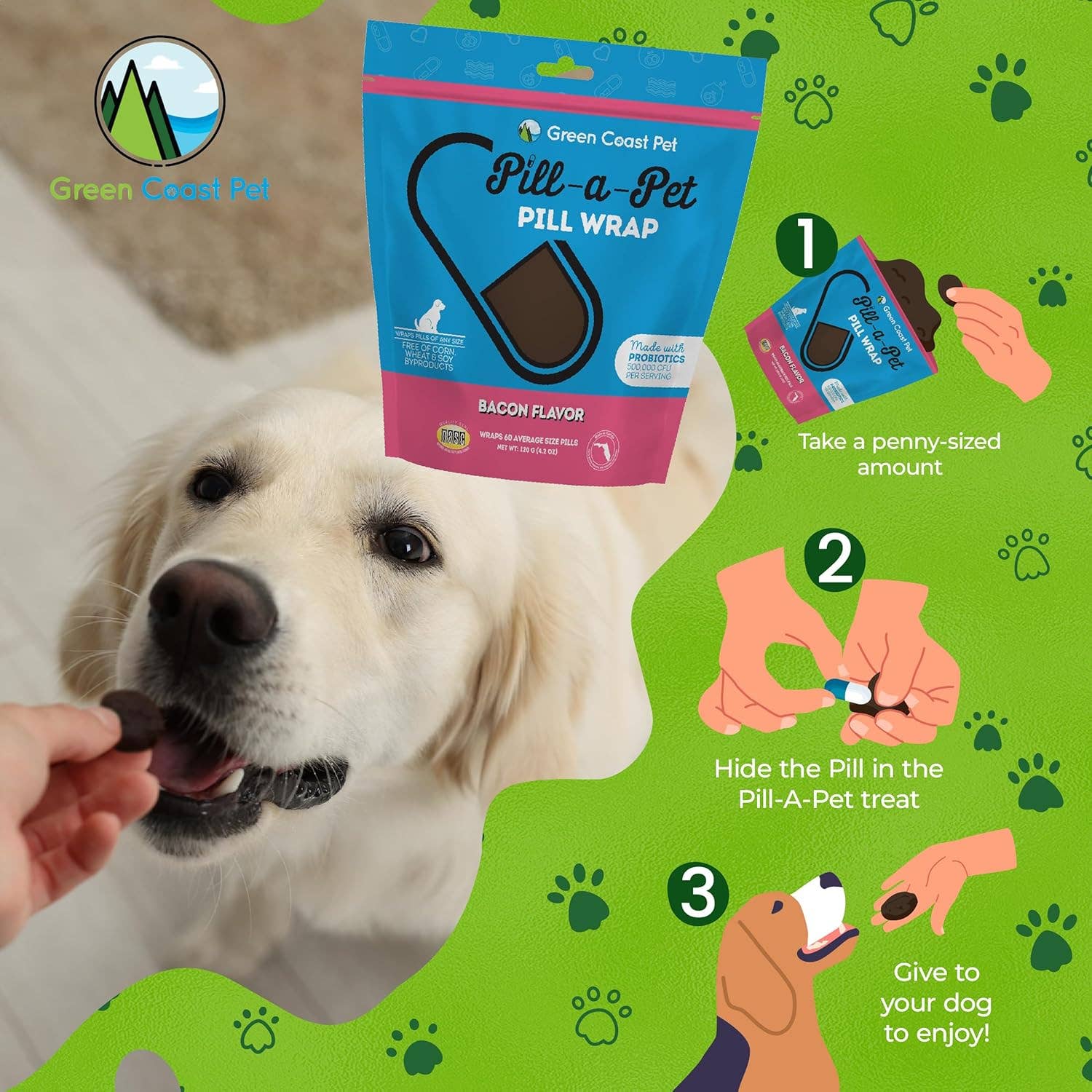 Green Coast Pet - Wholesale Pet Treats - Dog - Pill a Pet Pill 60 Wraps for Dogs Bacon Flavor, Probiotics2