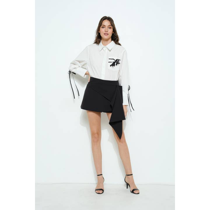 WHITE Long Sleeve Ribbon Detail Contrast Trim Shirt for wholesale on Faire