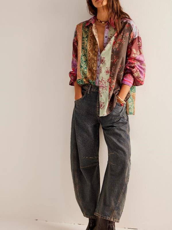 Rosa Clothing - Wholesale Button Down Shirt - Women's - Bohemia chic vibe Floral patchwork print button-up shirt6