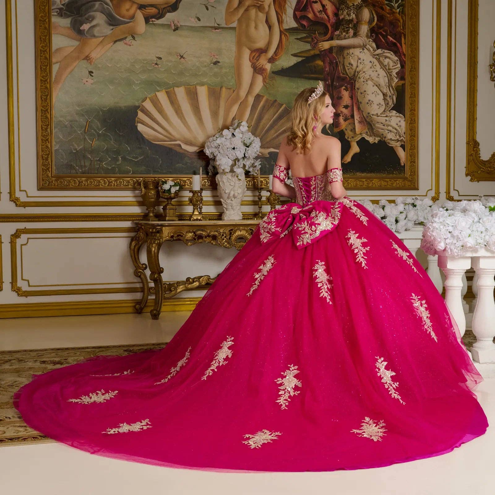 FUCHSIA Off Shoulder Long Quinceanera Tulle Ball Gown w/ Corset Back & Bejeweled Grommets GLGL3641 for wholesale on Faire2