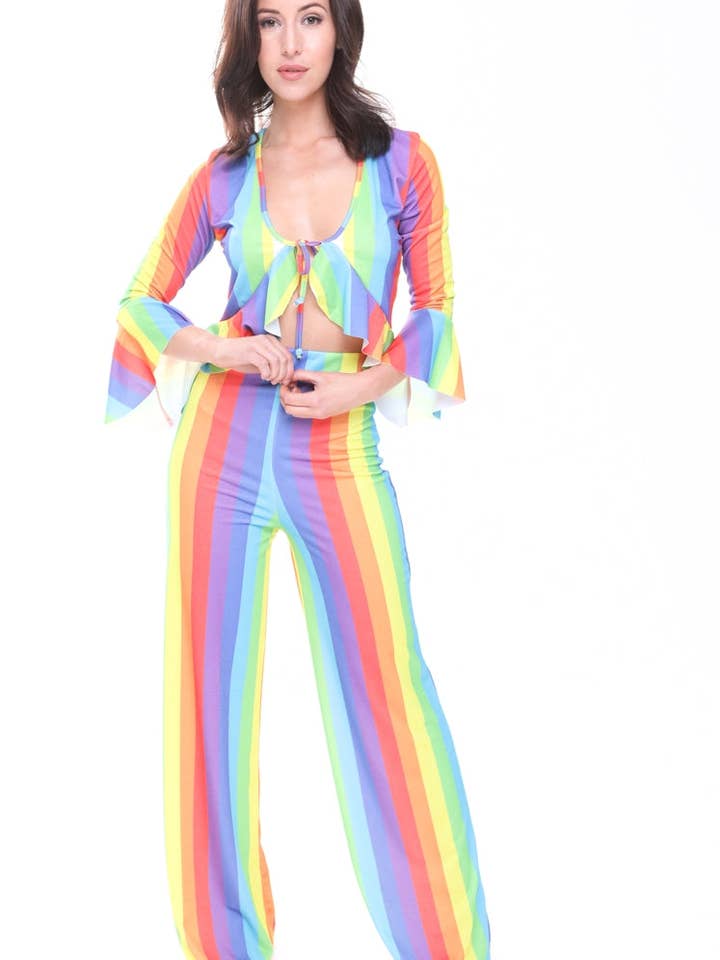 Top e Calça Rainbow Stripe Crop Co-ord por atacado de Stylewise Direct