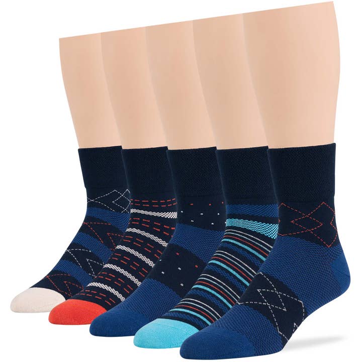 Men's Cotton Diabetic Geometric Quarter Socks - 5 Pack-Blue for wholesale by 7Bigstars Kingdom