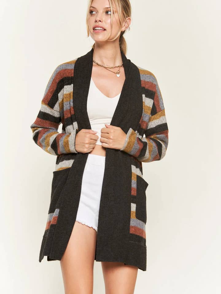Plus Size Western Striped Open Front Long Sleeve Oversized Longline Knit Cardigan for wholesale by Tasha Apparel Wholesale