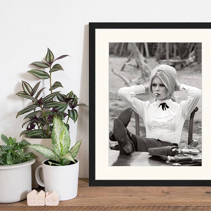Black Brigitte Bardot on Set. Wall art print with frame. for wholesale on Faire5