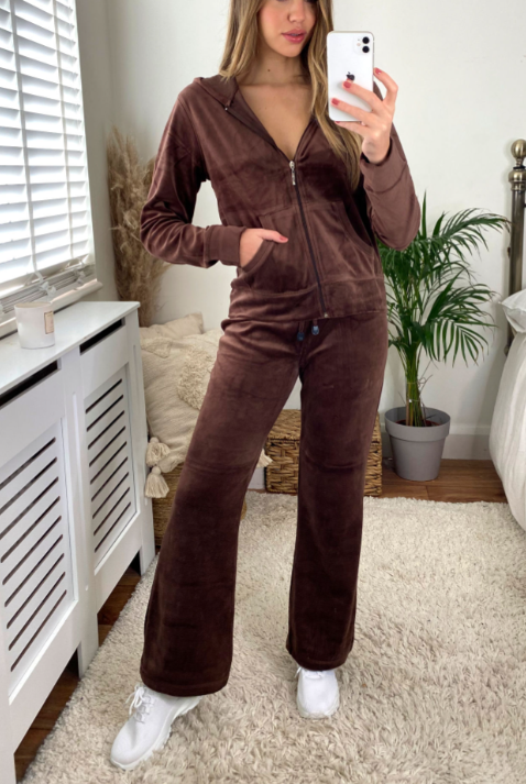CY FASHION. LONDON - Vente Survêtement – femme - Ensemble de survêtement en velours marron | Veste zippée manches longues sans capuche et pantalon de jogging0