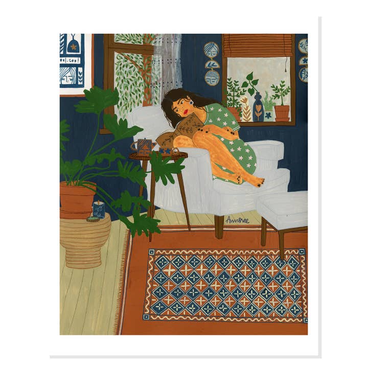 Femme lisant/Fauteuil bleu pour la vente par Outer Peace by Anusree Sattaluri