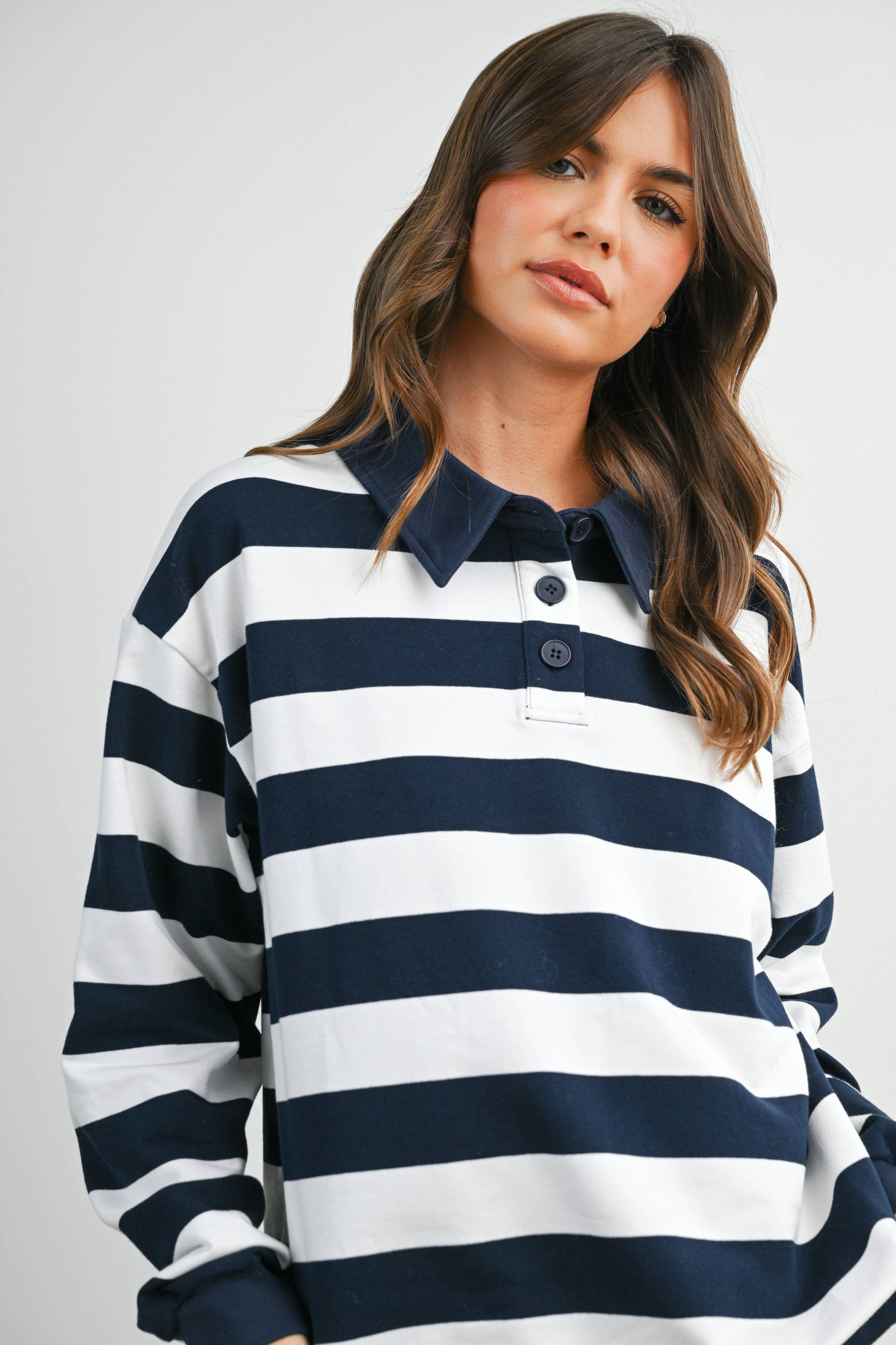BUTTERMELON - Wholesale Sweatshirt - Women's - Striped Quarter-Buttoned Collared Sweatshirt - BMT80796