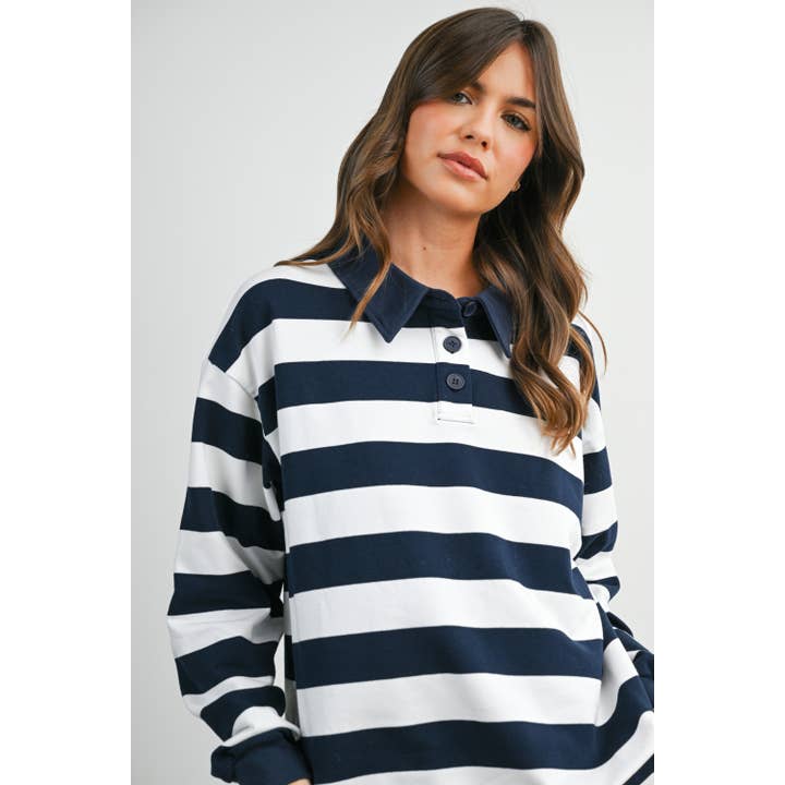 BUTTERMELON - Wholesale Sweatshirt - Women's - Striped Quarter-Buttoned Collared Sweatshirt - BMT80796
