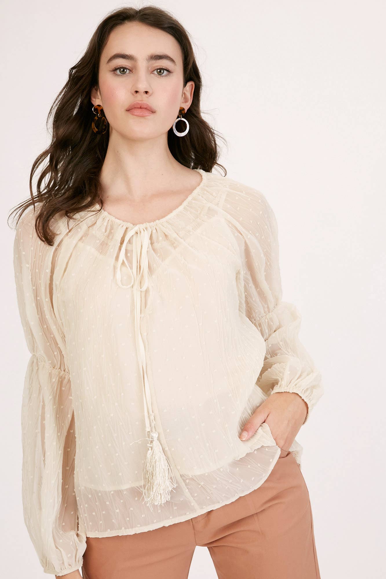 Champagne Swiss Dot Tassel Tie Blouse LT1016 for wholesale on Faire4