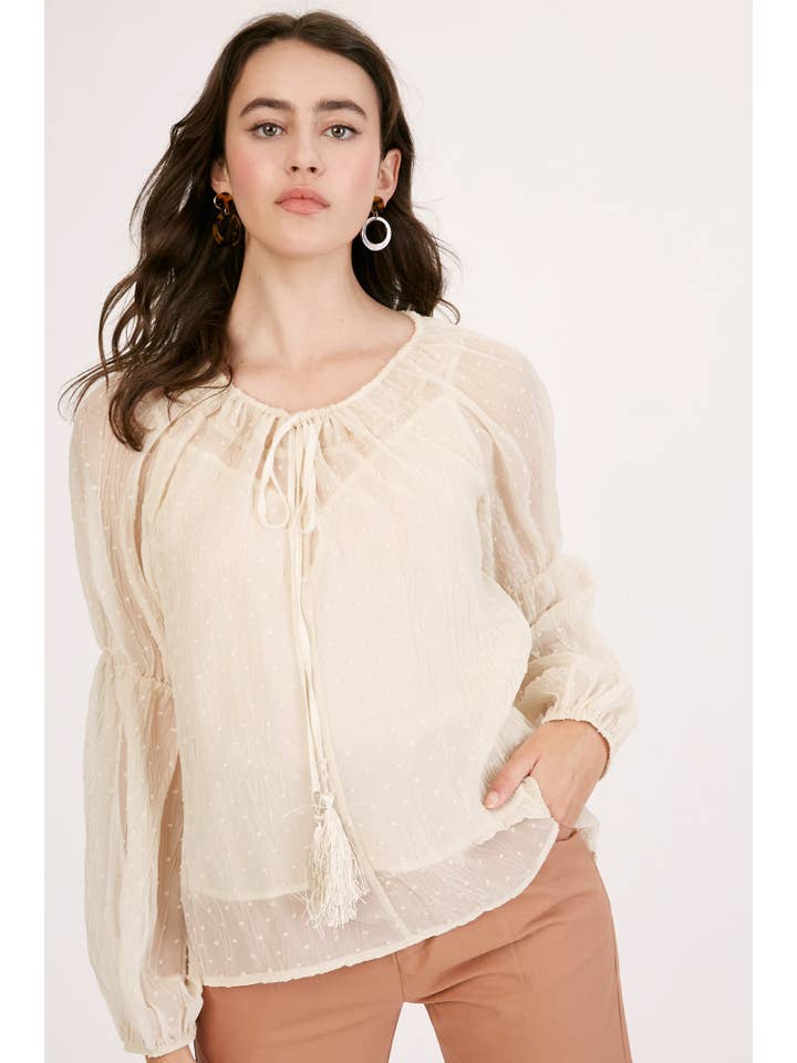 Champagne Swiss Dot Tassel Tie Blouse LT1016 for wholesale on Faire4