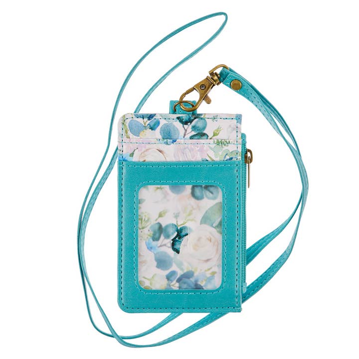 Christian Art Gifts - Wholesale Card Holder - Women's - ID Card Holder Teal/White Floral Printed Be Still & Know