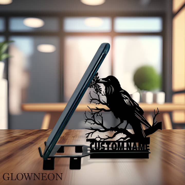 Glow Neon - Wholesale Phone/Tablet Stand - Personalized Raven on Branch Phone Stand, Crow Phone Holder
