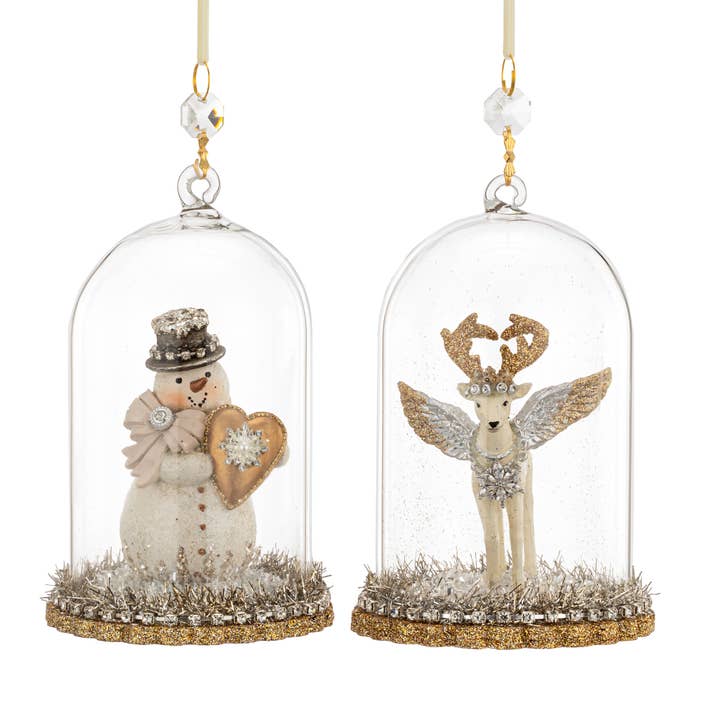 Snowman & Deer Sparkle Cloche Ornaments 2 Ast - 3.5x5.5in for wholesale by DEMDACO