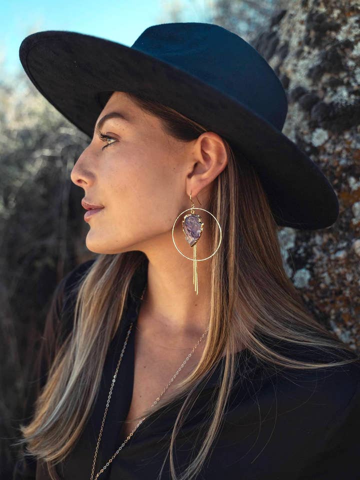 Believe Bigger Amethyst Arrowhead Hoops for wholesale by Fierce Forward Jewelry