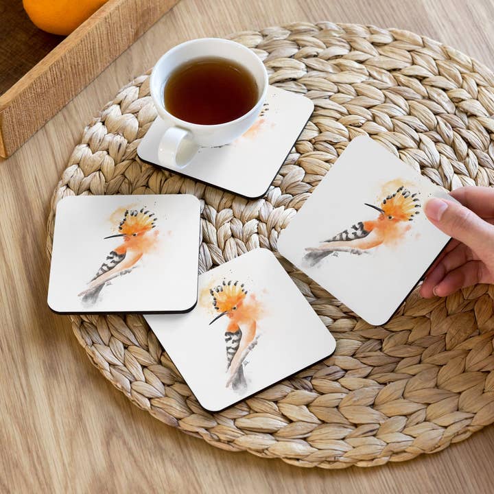 Hoopoe Bird Messy Watercolor Cork-back coaster for wholesale by The Shamal