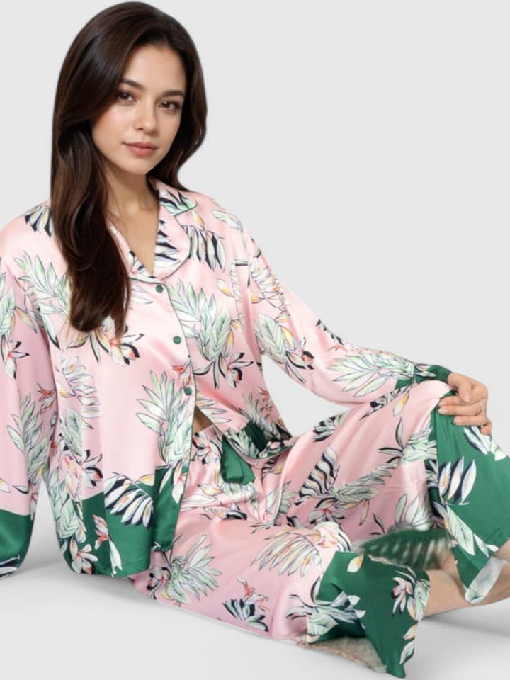 Floral Satin Pajama Set with Button-Up Top for wholesale by Anna Kaci Wholesale