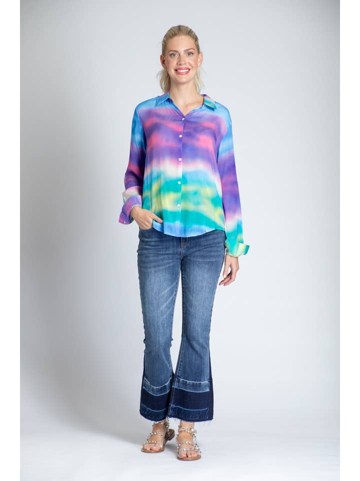 Keine Farbe Farbenfroher Ombre-Print — Knopfleiste mit Aufrollärmeln für den Großhandel auf Faire3