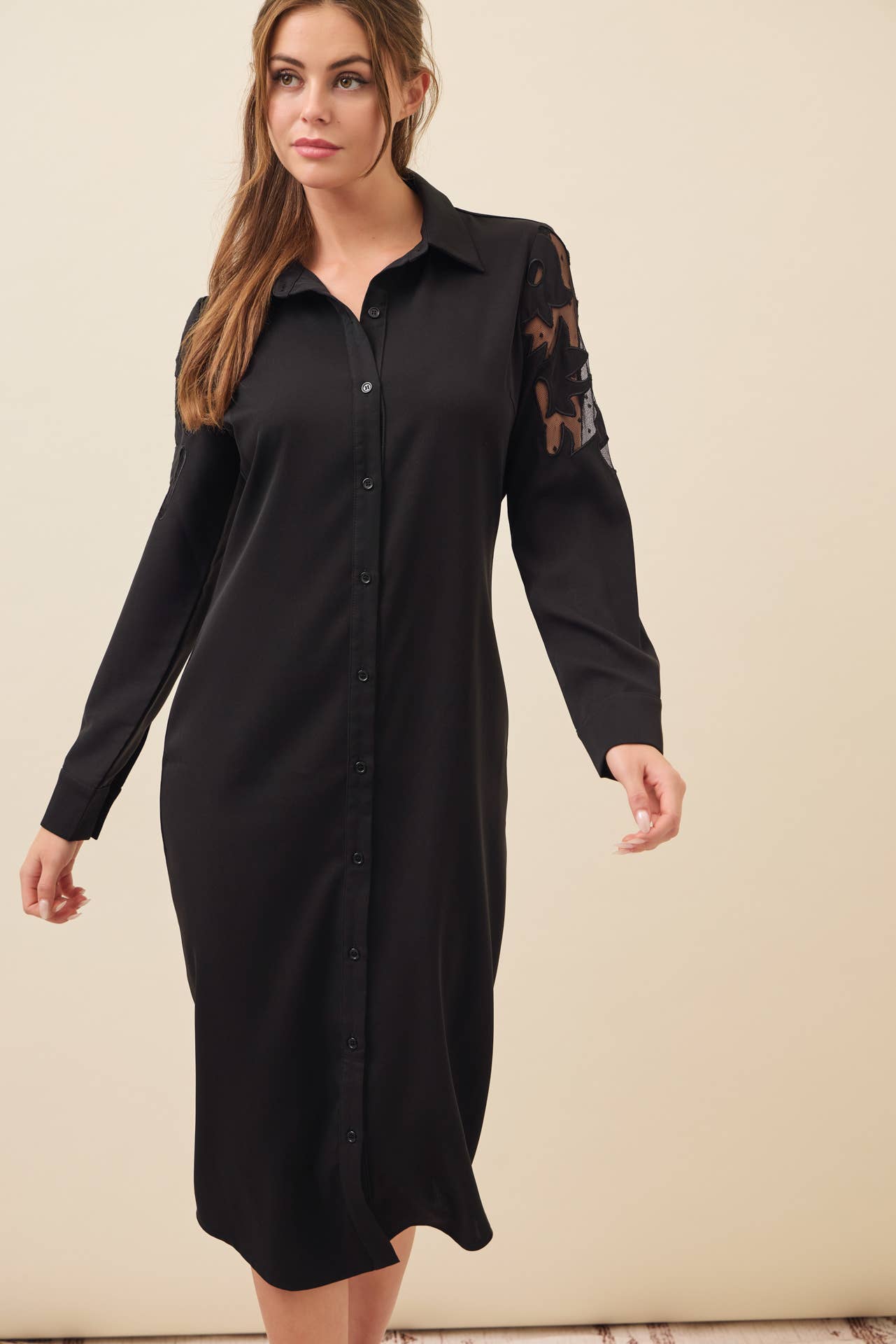 BLACK Possibilities Woven Shirt Dress With Mesh Cutout for wholesale on Faire4