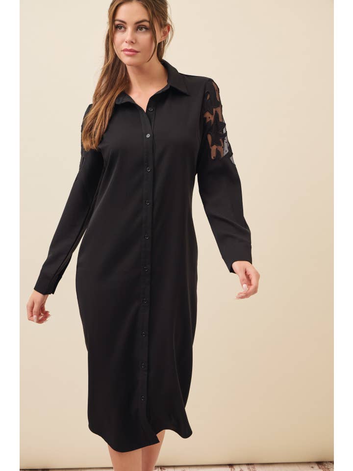 BLACK Possibilities Woven Shirt Dress With Mesh Cutout for wholesale on Faire4