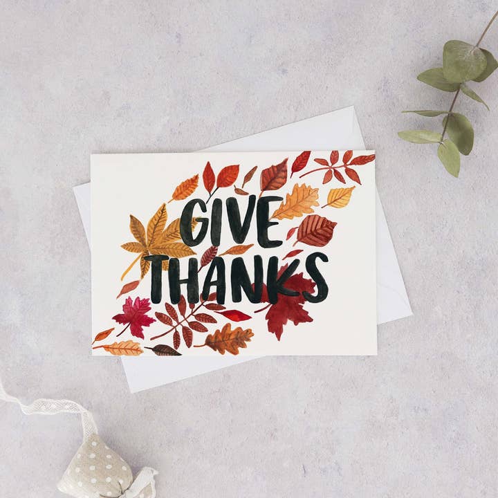 Carte de remerciement Give Thanksgiving, jolie carte de Thanksgiving aquarelle, feuilles aquarelles, feuilles d'automne aquarelles, jolie carte faite à la main pour la vente par Wild Juniper Art Studio