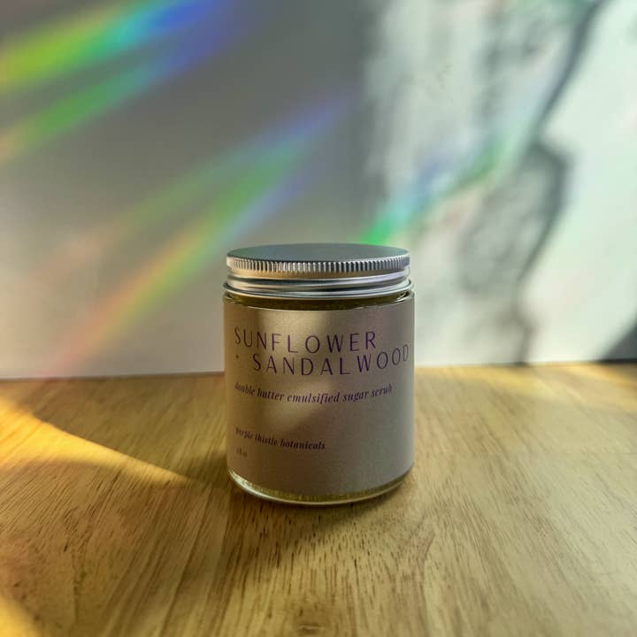 Sunflower Sandalwood Double Butter Emulsified Sugar Scrub for wholesale by Purple Thistle Botanicals