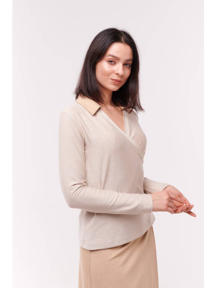 Cream Topp Wrap med krage grädde färgad Långärmad för wholesale på Faire