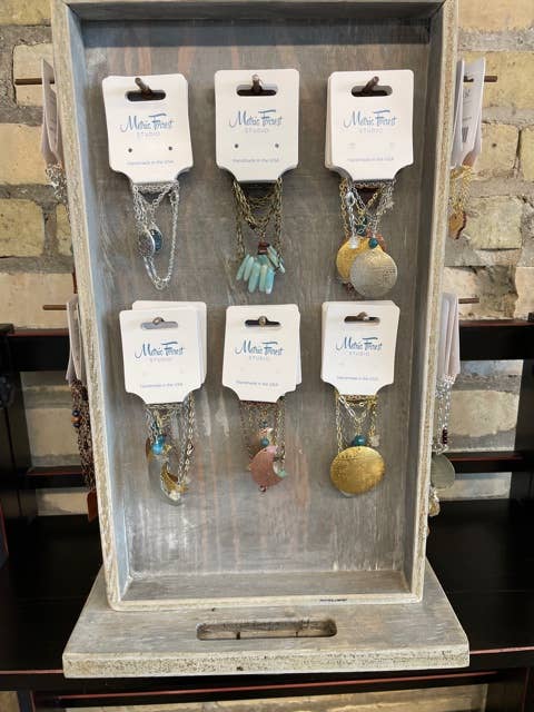 Wood Necklace Display with 32 necklaces, plus free shipping for wholesale by Metric Forrest Studio