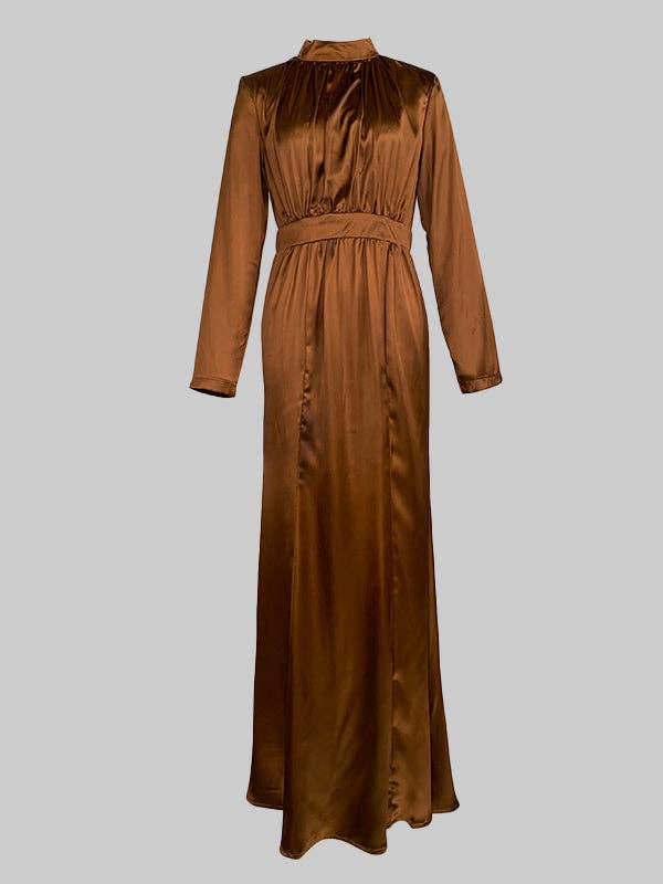 OURO Vestido Comprido de Manga Comprida Plissado Brilhante com Gola Alta para venda a revendedores na Faire12