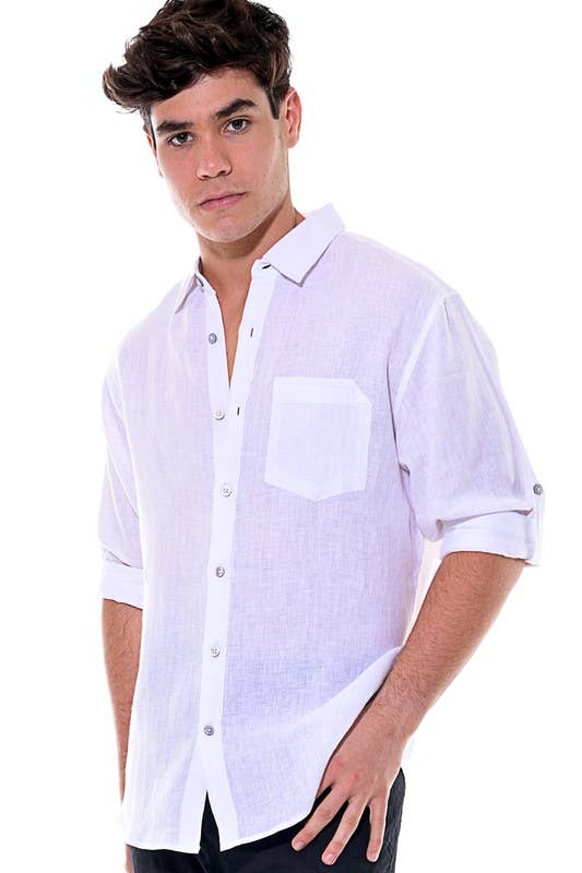 Azucar & Bohio - Vente Chemise à col boutonné – homme - Chemise en lin 100 % à manches longues retroussables, douce au toucher9