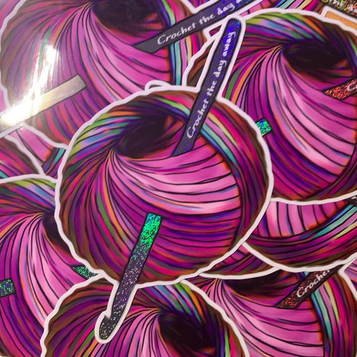 Sticker mit pinker Wollknäuel und glitzerndem Häkelnadel für den Großhandel von Reba Jam Art Shop