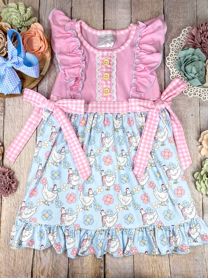 Pink Chicken & Floral Ruffle Dress for wholesale by The Hair Bow Company