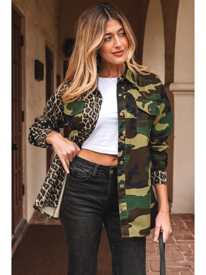 Brown Leopard Camo Patchwork Oversized Shacket for wholesale on Faire3