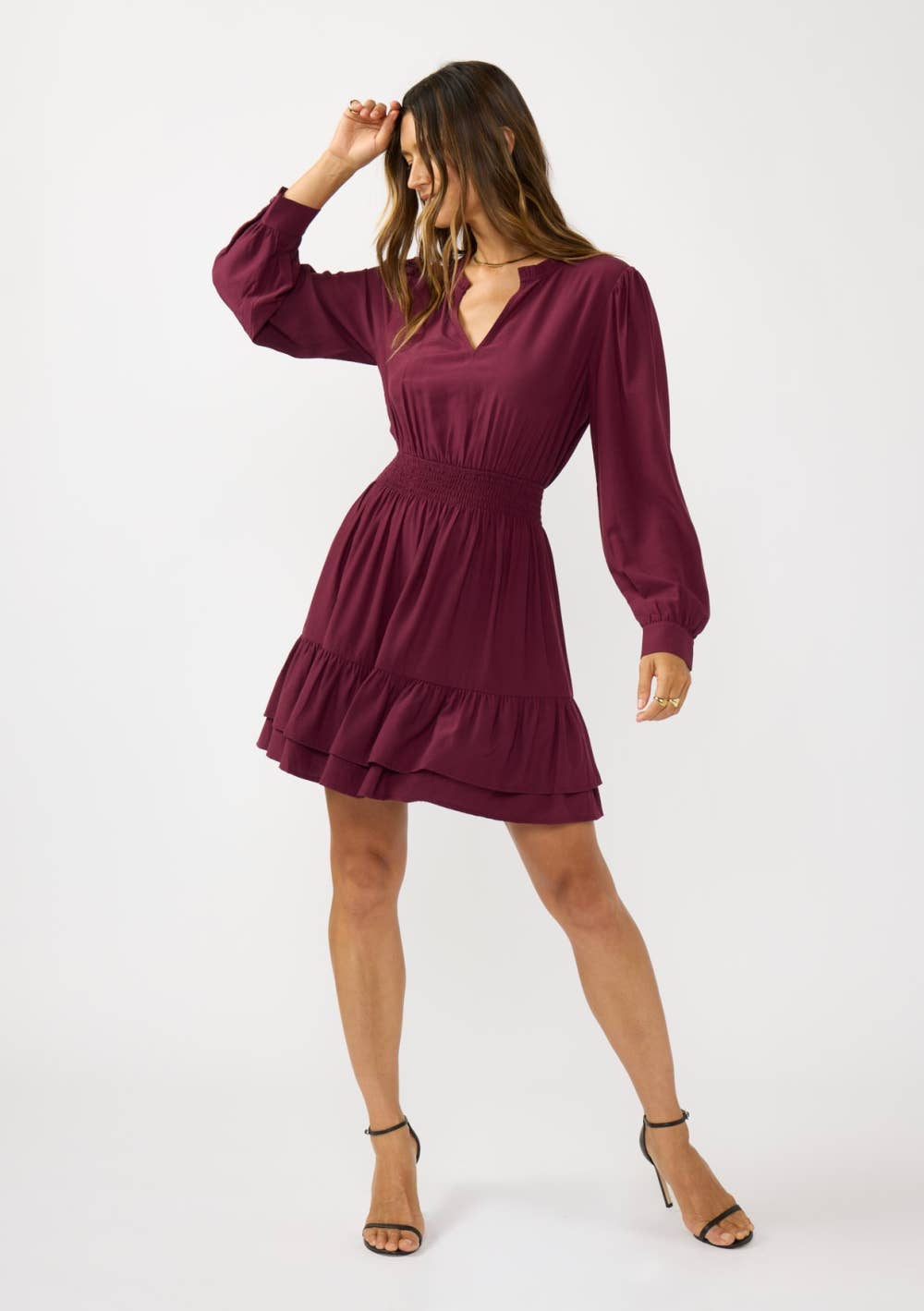 MERLOT Ruffle Hem Smocked Waist Mini Dress for wholesale on Faire3