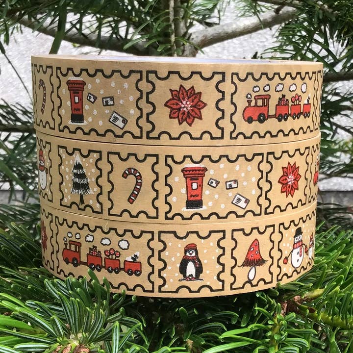 Christmas Stamps (brown) paper tape for wholesale by Cards and gift wrap
