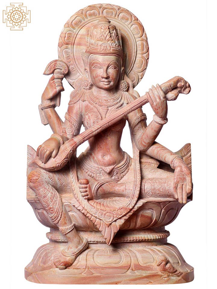 12" Goddess Of Knowledge Saraswati Playing Sitar|Pink Stone for wholesale by Exotic India Art