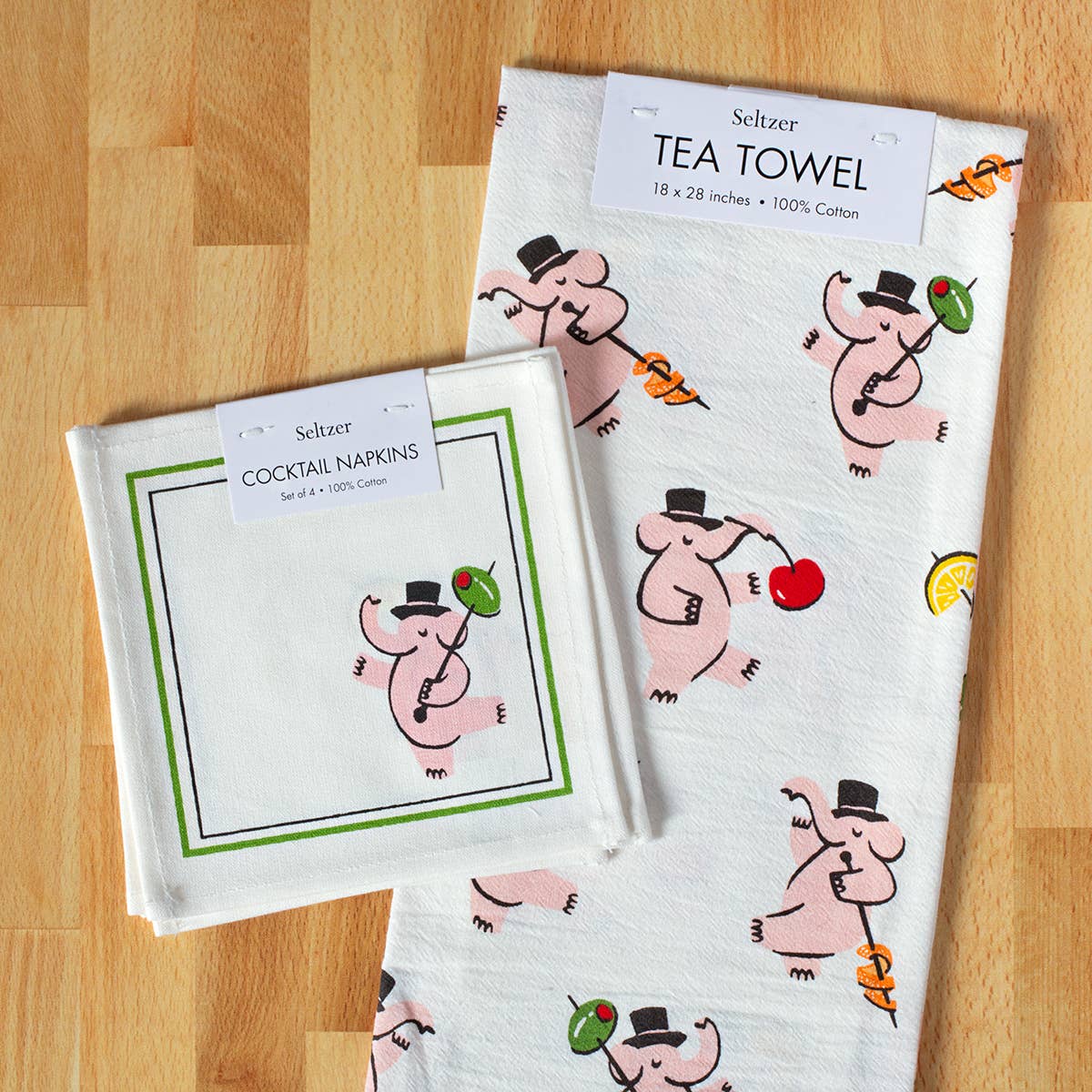 Seltzer Goods - Wholesale Dinner & Cloth Napkin - Pink Elephants Cocktail Napkin Set2